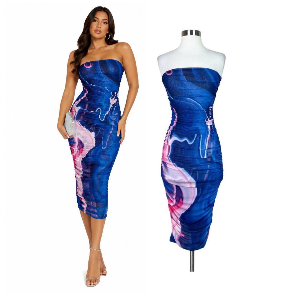 Farai London | Revolve Hera Blue Pink Ruched Strapless Mesh Midi Dress XS